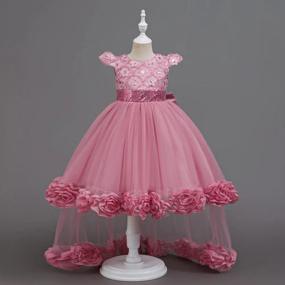 Flower Girl Dress 3D Rose Lace Tulle Sequin Waistband Princess