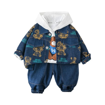 Spring Autumn Boys' Denim Long Sleeve Three-Piece Suit Casual Fashionable Children's Clothing Set Soft Cotton Baby Toddler Kids