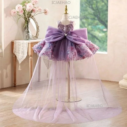 Princess Dress Girls Birthday V Neck Purple Floral Gown