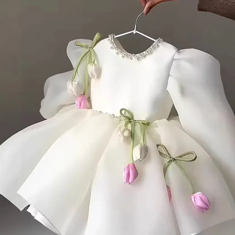 Luxury Dress Female Wedding Guest Gown Puff Sleeve Floral Tulle Kids Gown