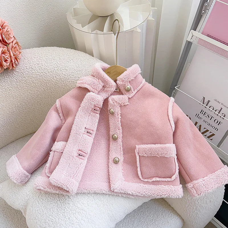 New Girls Jacket Thicken Warm Lapel Woolen Coat For 2-8 Years