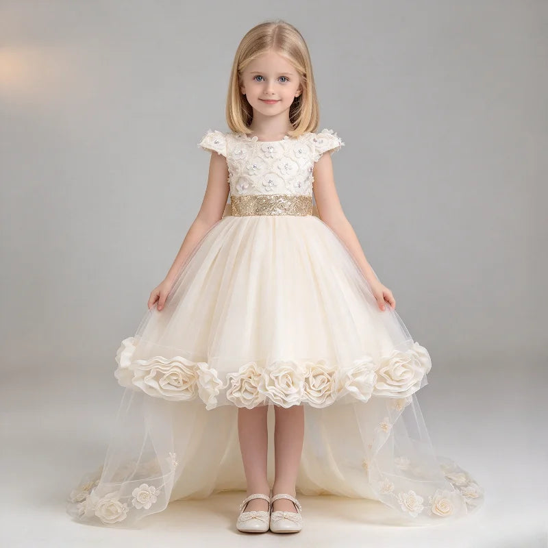 Flower Girl Dress 3D Rose Lace Tulle Sequin Waistband Princess