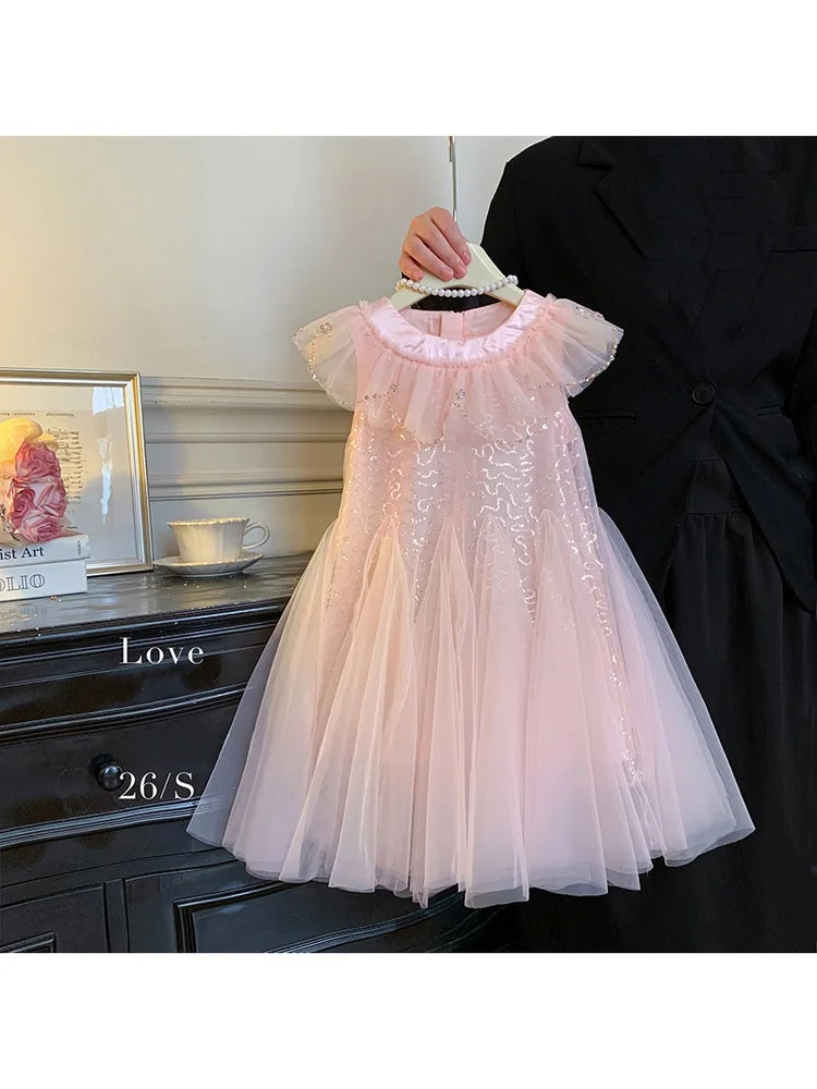 Sleeveless Mesh  Children's Pink Birthday Princess Dress