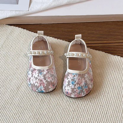 Pink Blue Floral Embroidery Mesh Ballet Flat Lace Ballerina Shoe