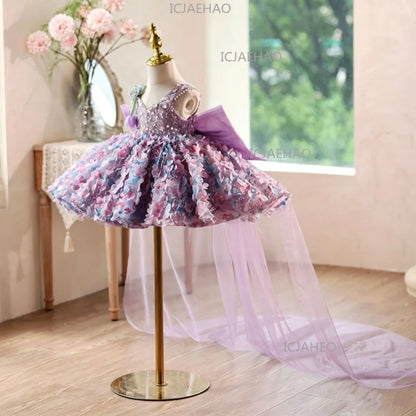 Princess Dress Girls Birthday V Neck Purple Floral Gown