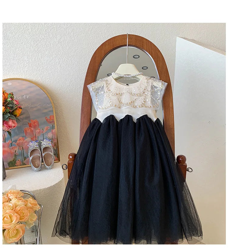 New Summer Square Collar Mesh Splicing Sleeveless Dress