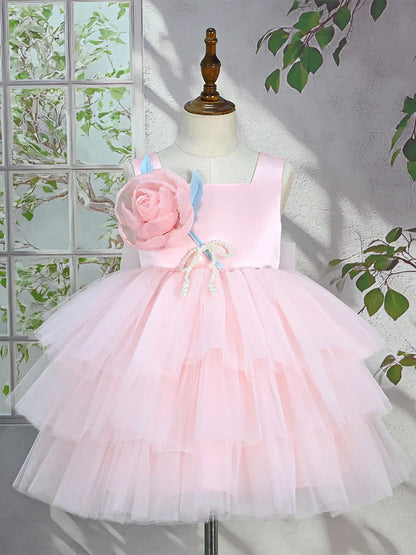 Custom Square 3D Flower Tiered Tulle Luxury Dress Women Wedding Guest Gown