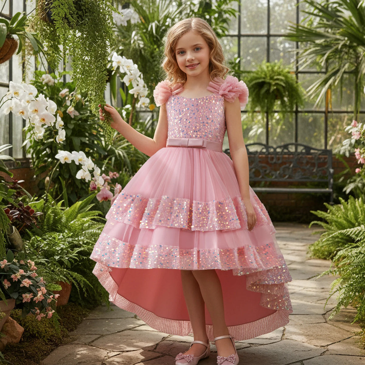 Custom 3D Flower Sequin Bow High Low Tulle Luxury Dress