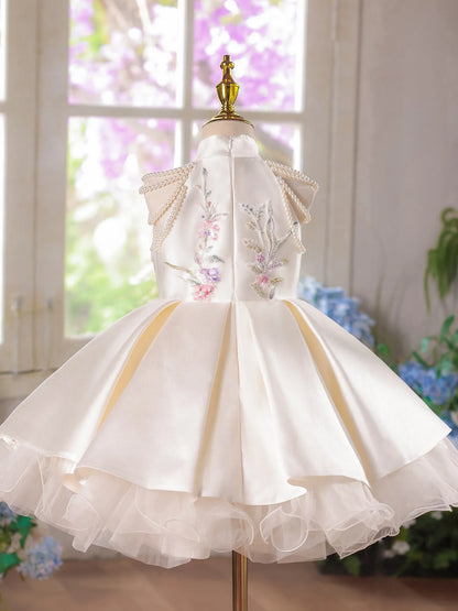 Embroidery Satin Flower Girl Dress Wedding Guest Gown