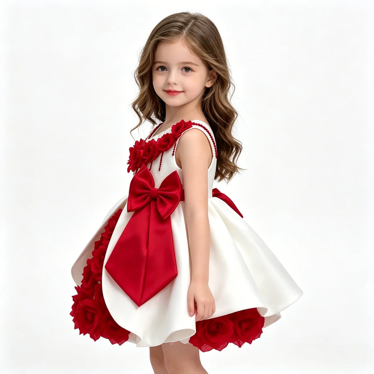 High End Handmade 3D Floral Rose Bow Flower Girl Dress