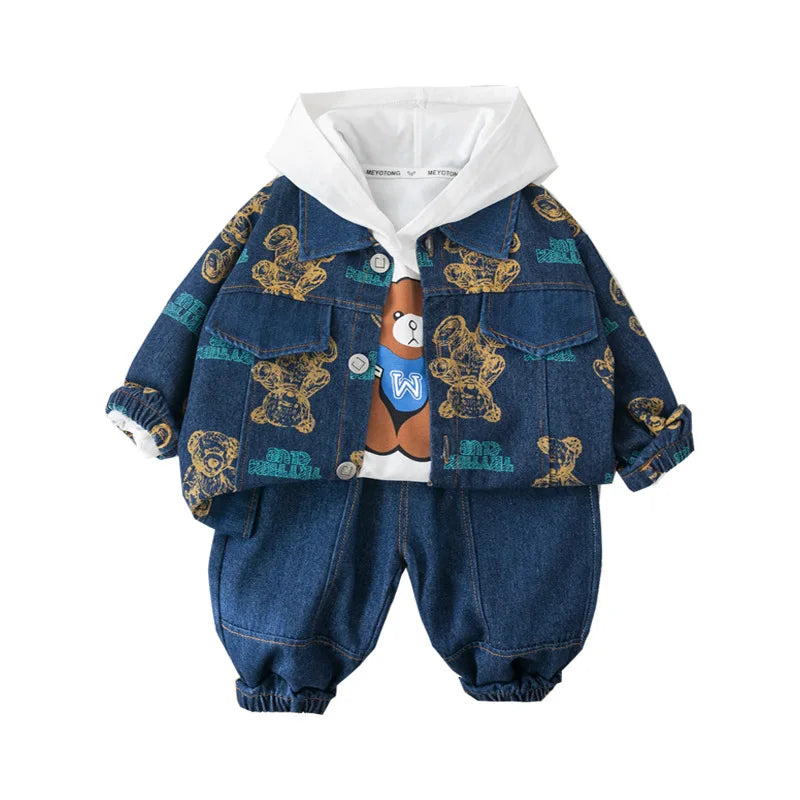 Spring Autumn Boys' Denim Long Sleeve Three-Piece Suit Casual Fashionable Children's Clothing Set Soft Cotton Baby Toddler Kids