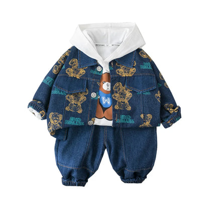 Spring Autumn Boys' Denim Long Sleeve Three-Piece Suit Casual Fashionable Children's Clothing Set Soft Cotton Baby Toddler Kids