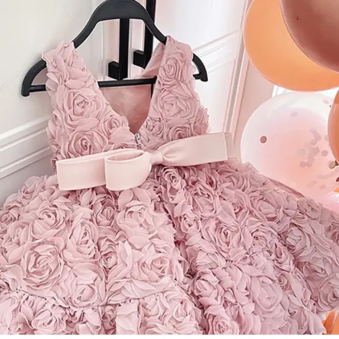Girls Birthday Princess Dress High-End Dress Pink Three-Dimensional Flower Dress