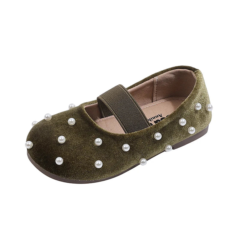 Pearl Girls Flats Shoes Solid Velvet Shallow Elastic Kids Princess Shoes
