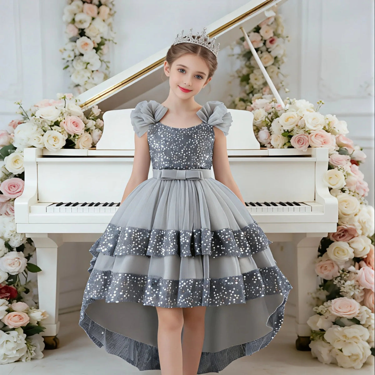 Custom 3D Flower Sequin Bow High Low Tulle Luxury Dress