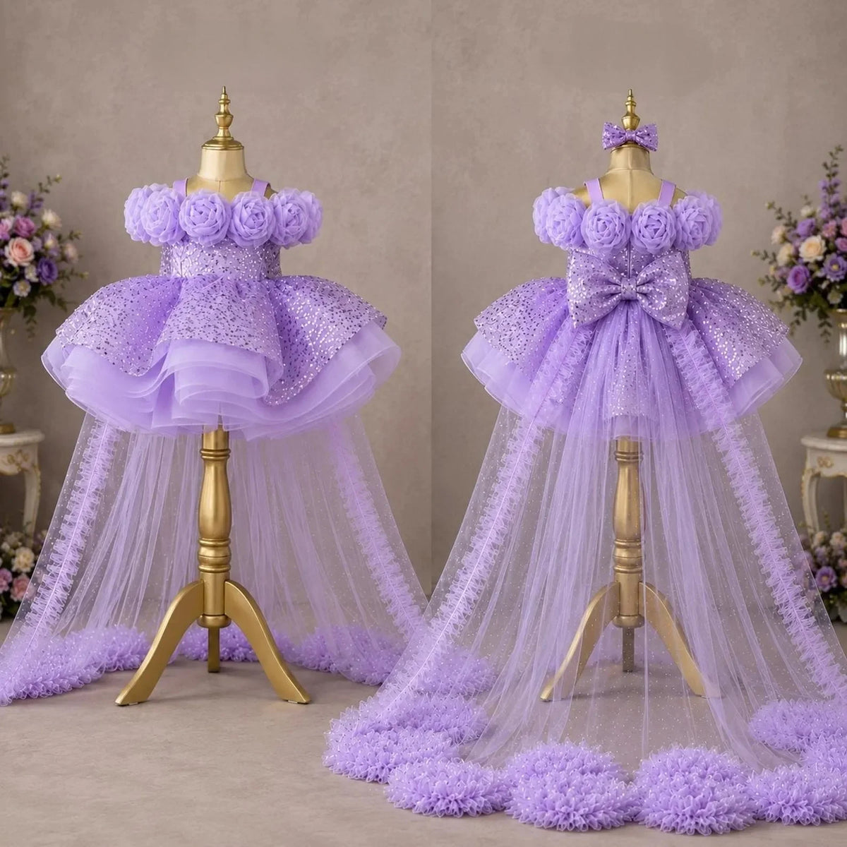 Custom Spaghetti Strap 3D Flower Sequin Tulle Short Dress With Train Luxury Women Wedding Guest Gown Girls Birthday Party