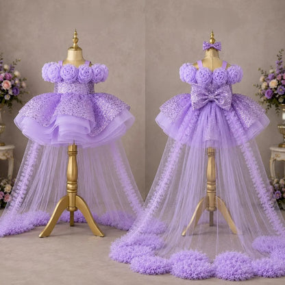 Custom Spaghetti Strap 3D Flower Sequin Tulle Short Dress With Train Luxury Women Wedding Guest Gown Girls Birthday Party