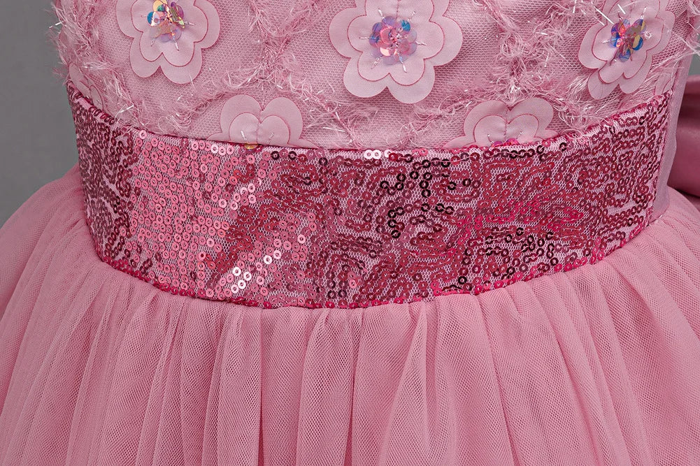 Flower Girl Dress 3D Rose Lace Tulle Sequin Waistband Princess