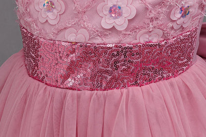 Flower Girl Dress 3D Rose Lace Tulle Sequin Waistband Princess