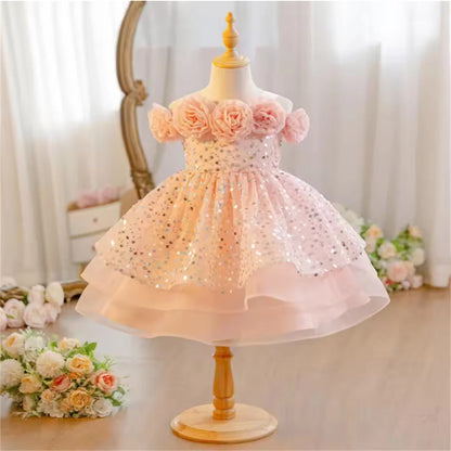 Flower Girl Dress with Sequin Glitter Long Sleeve Bow  Gown Clothes