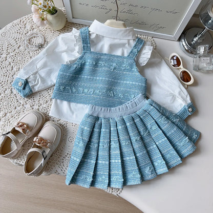 Girl's Shirt+Tank Top+pleated Skirt 3-Piece Set