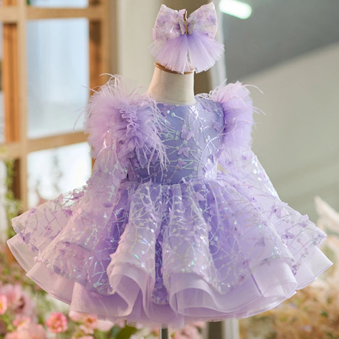 Purple Flower Girl Dress Sequin Puffy Appliques With Bow Communion Gown