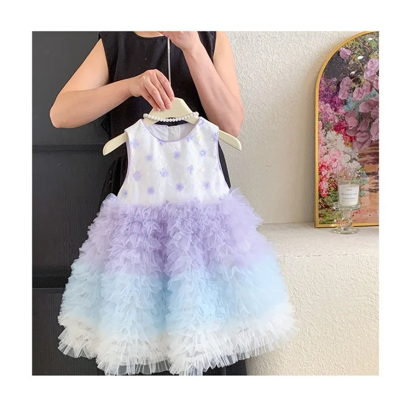 New Summer Kids Girls Gradient Tutu Party Dress Sleeveless Flower Sequin