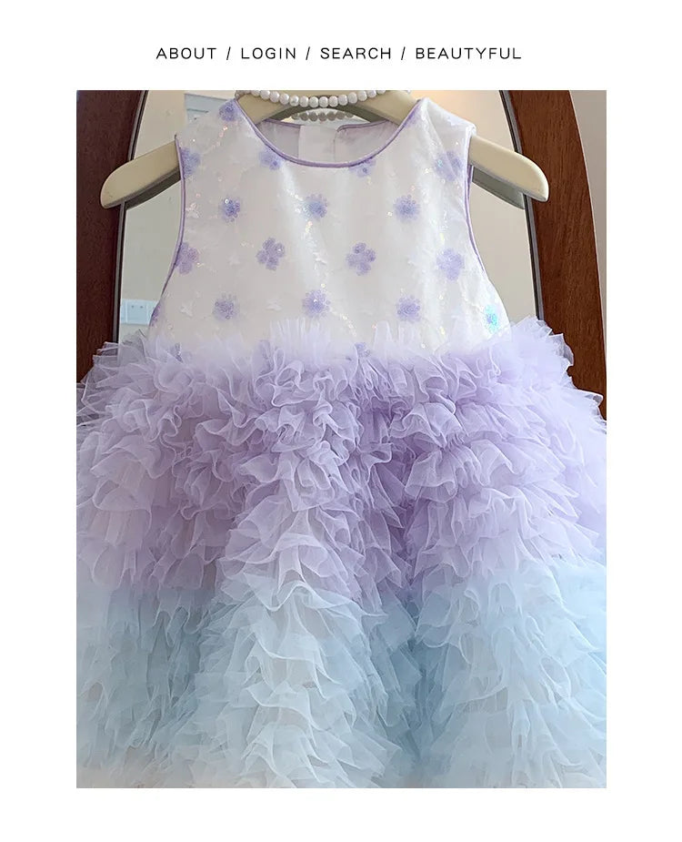 New Summer Kids Girls Gradient Tutu Party Dress Sleeveless Flower Sequin