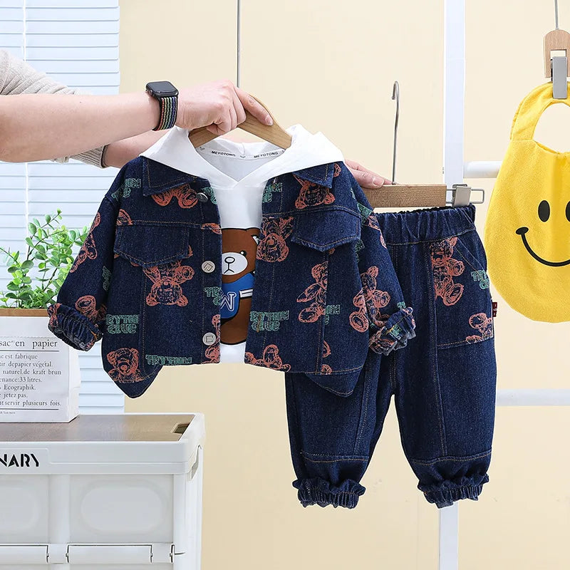 Spring Autumn Boys' Denim Long Sleeve Three-Piece Suit Casual Fashionable Children's Clothing Set Soft Cotton Baby Toddler Kids