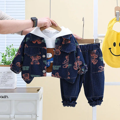 Spring Autumn Boys' Denim Long Sleeve Three-Piece Suit Casual Fashionable Children's Clothing Set Soft Cotton Baby Toddler Kids