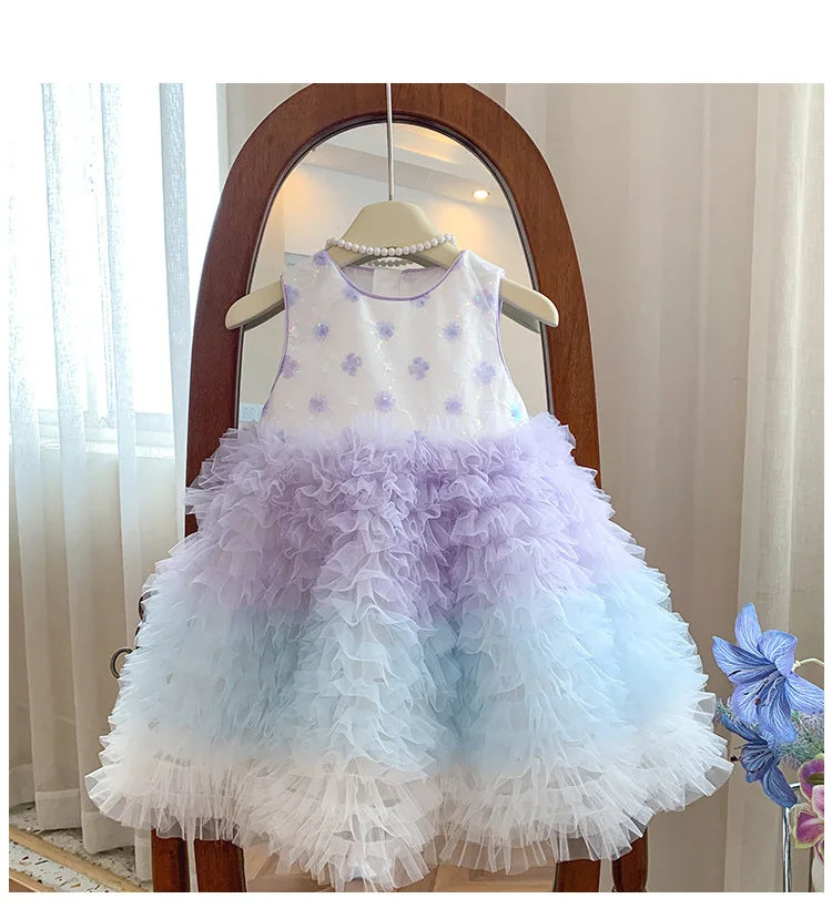 New Summer Kids Girls Gradient Tutu Party Dress Sleeveless Flower Sequin