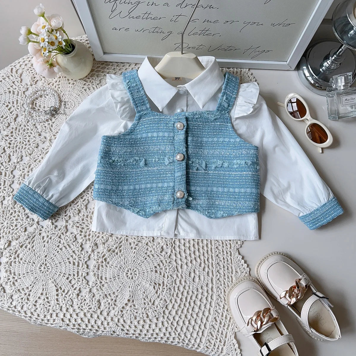 Girl's Shirt+Tank Top+pleated Skirt 3-Piece Set