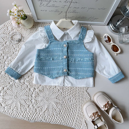 Girl's Shirt+Tank Top+pleated Skirt 3-Piece Set