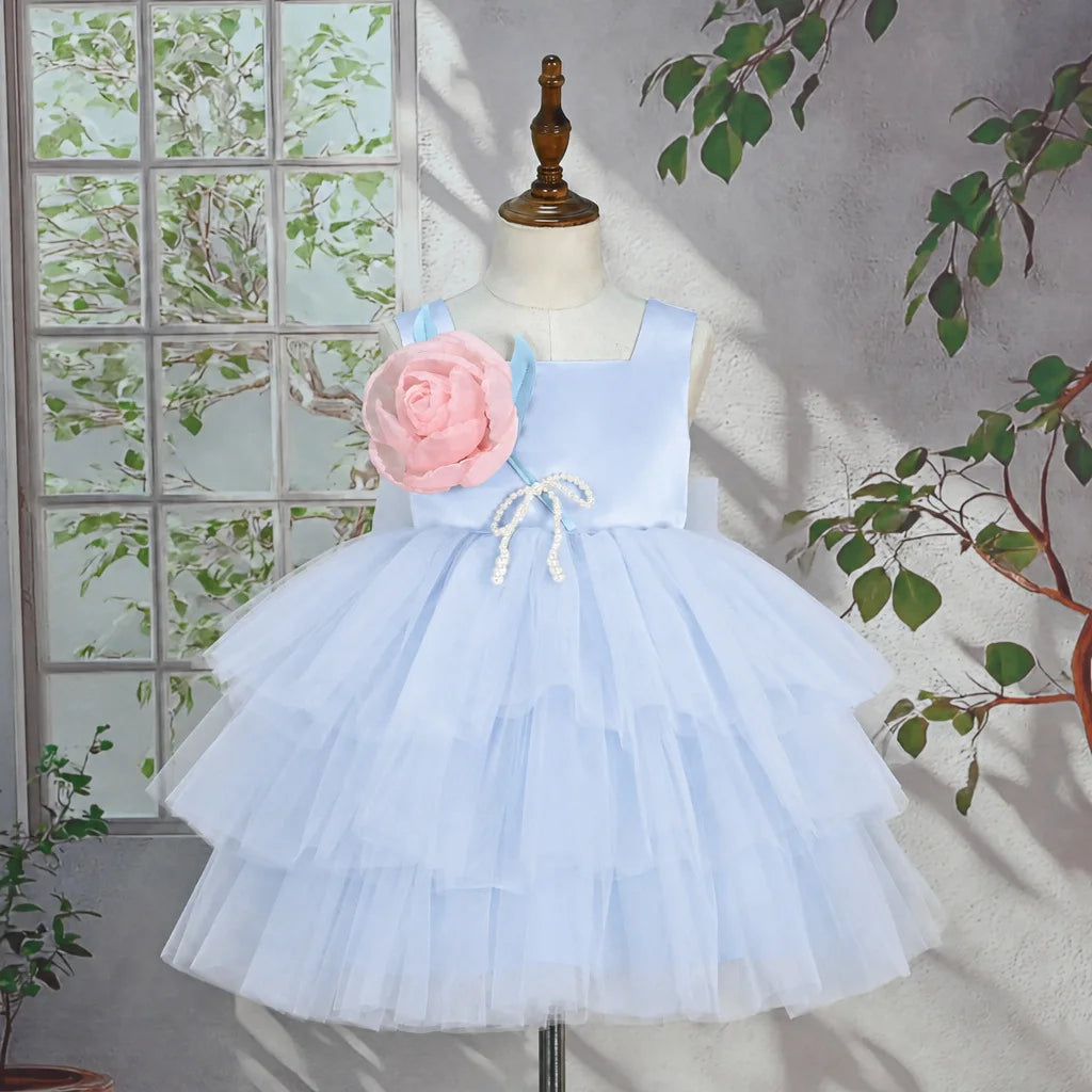 Custom Square 3D Flower Tiered Tulle Luxury Dress Women Wedding Guest Gown