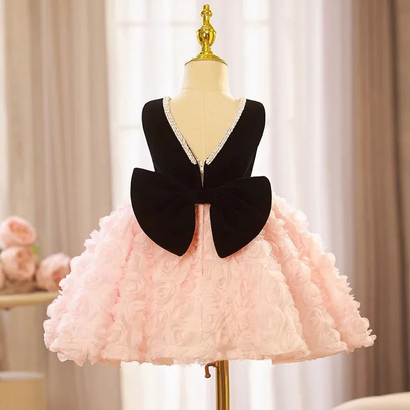 Children First Birthday Princess Dress Wedding Banquet Cute Flower Kids Pink Black Dresses