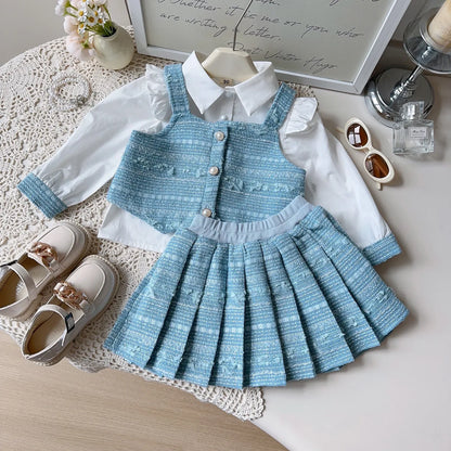 Girl's Shirt+Tank Top+pleated Skirt 3-Piece Set