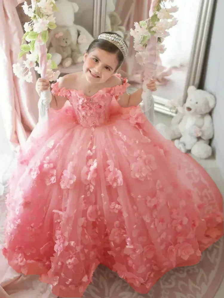 Pink 3d Applique Flower Wedding Birthday Party Dress