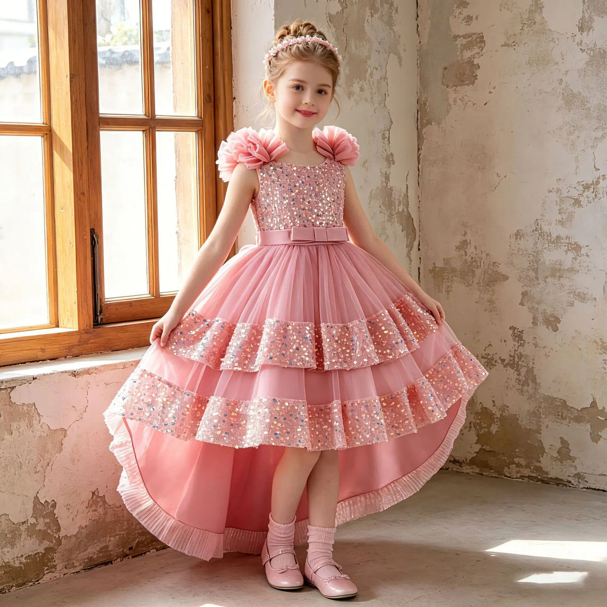 Custom 3D Flower Sequin Bow High Low Tulle Luxury Dress