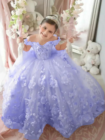 Pink 3d Applique Flower Wedding Birthday Party Dress