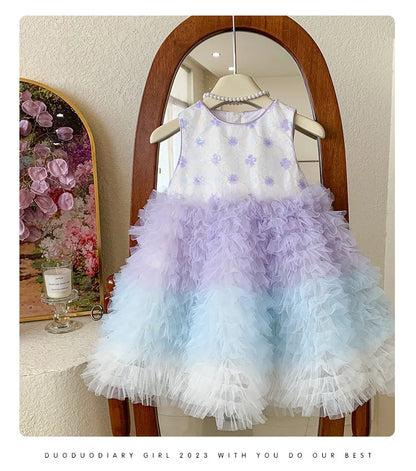 New Summer Kids Girls Gradient Tutu Party Dress Sleeveless Flower Sequin