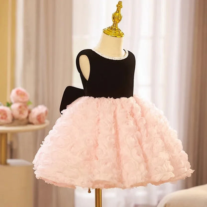 Children First Birthday Princess Dress Wedding Banquet Cute Flower Kids Pink Black Dresses