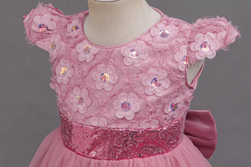 Flower Girl Dress 3D Rose Lace Tulle Sequin Waistband Princess