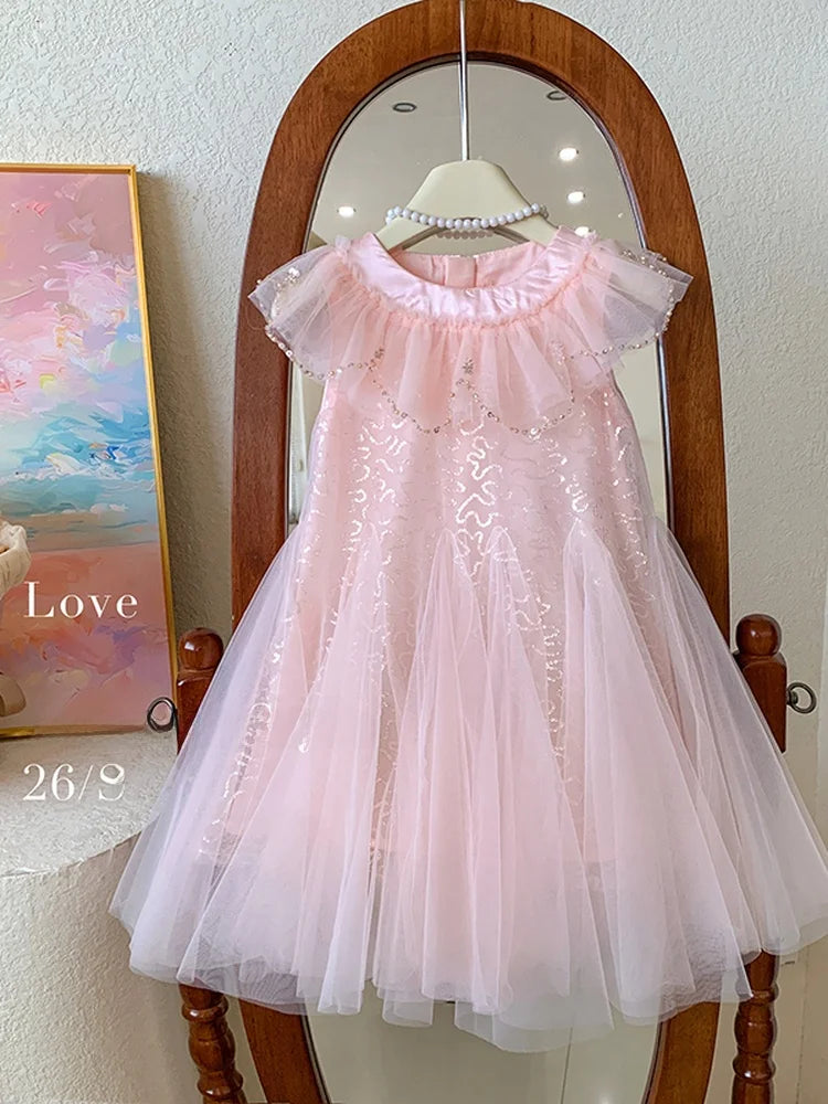 Sleeveless Mesh  Children's Pink Birthday Princess Dress