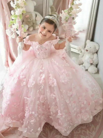 Pink 3d Applique Flower Wedding Birthday Party Dress