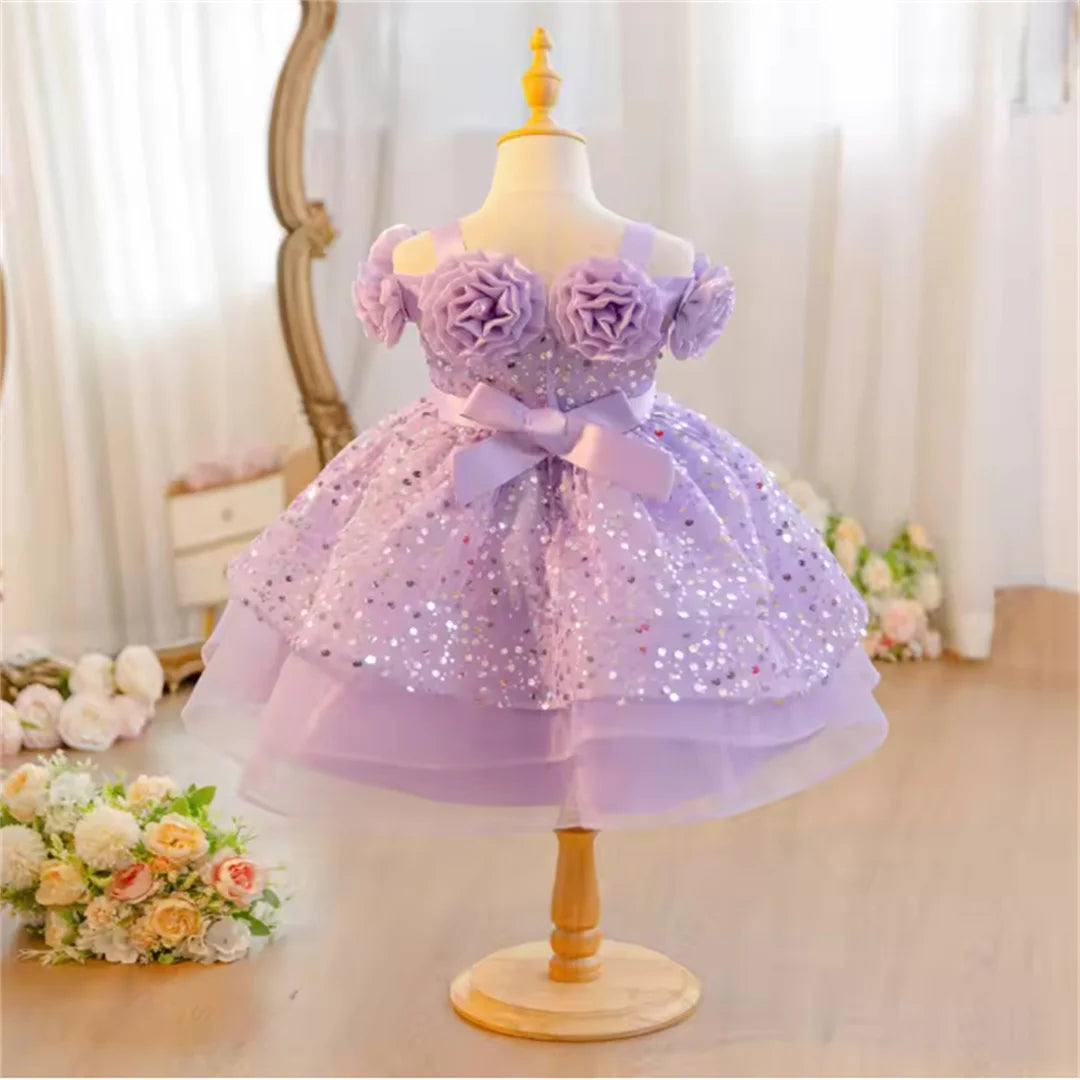 Flower Girl Dress with Sequin Glitter Long Sleeve Bow  Gown Clothes