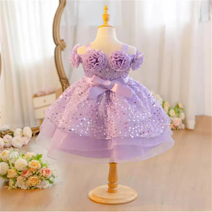 Flower Girl Dress with Sequin Glitter Long Sleeve Bow  Gown Clothes