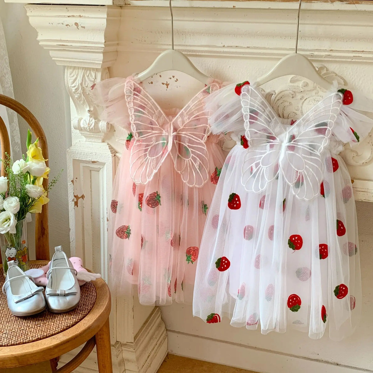 Kids Dress with Wings Embroidered Sleeveless Tulle Gown