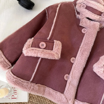 New Girls Jacket Thicken Warm Lapel Woolen Coat For 2-8 Years