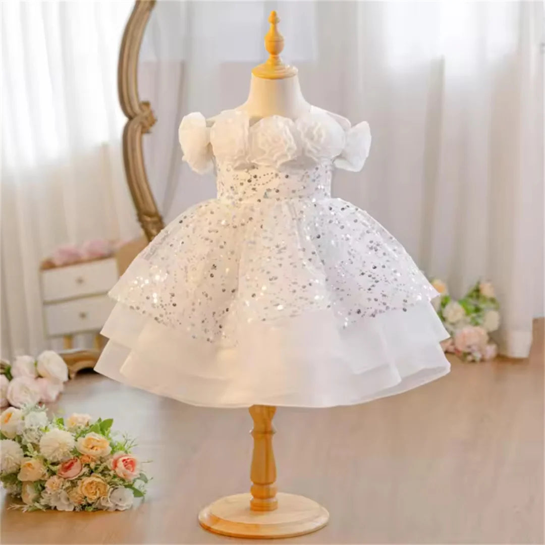Flower Girl Dress with Sequin Glitter Long Sleeve Bow  Gown Clothes