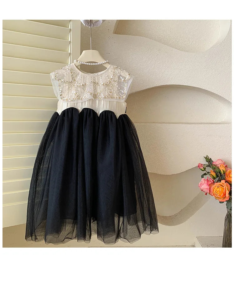 New Summer Square Collar Mesh Splicing Sleeveless Dress